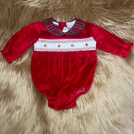 Red Teddy Romper with Tartan Collar