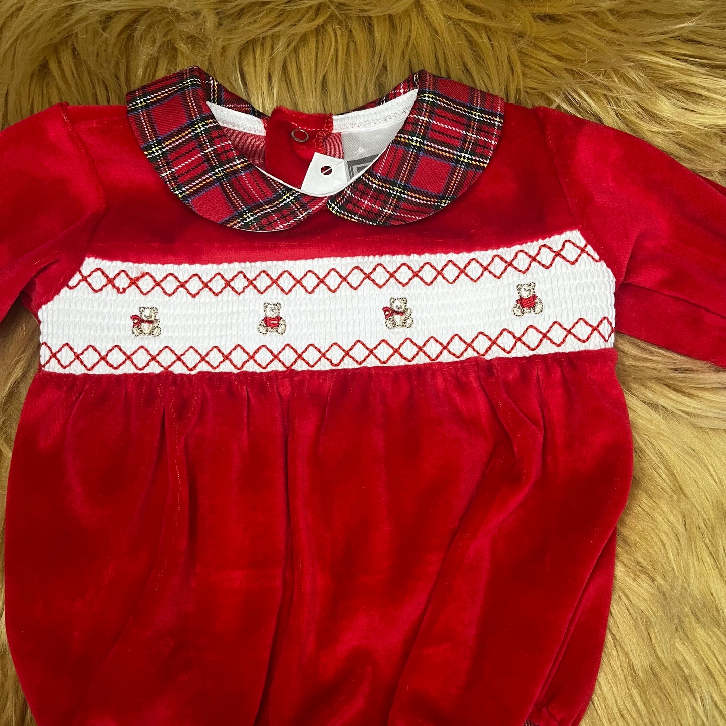 Red Teddy Romper with Tartan Collar