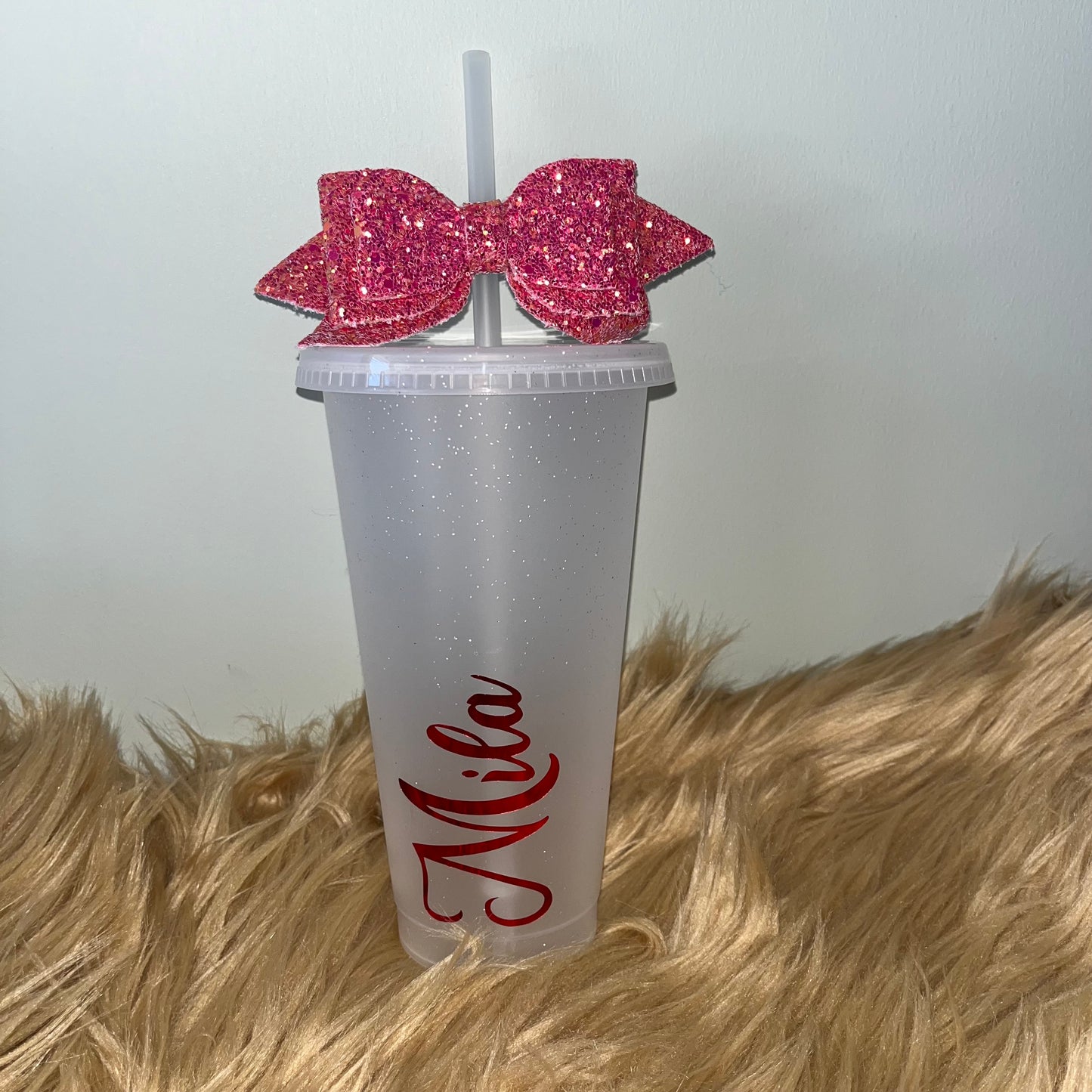 Personalised Cup with Straw and Bow Topper