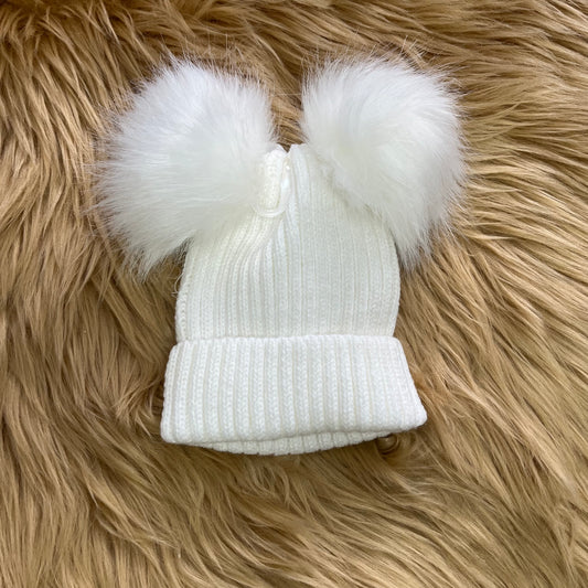 White Hat with Double Pom Poms. NB - 1y.