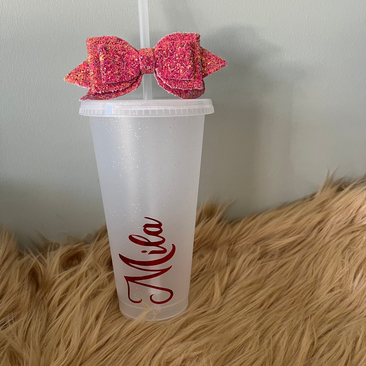 Personalised Cup with Straw and Bow Topper