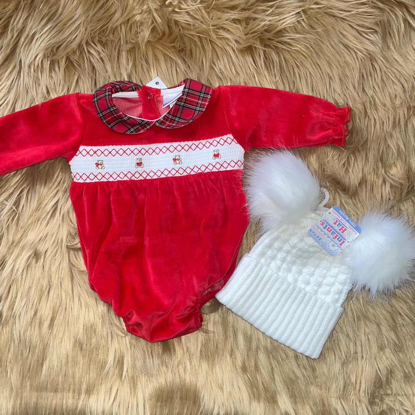 Red Teddy Romper with Tartan Collar