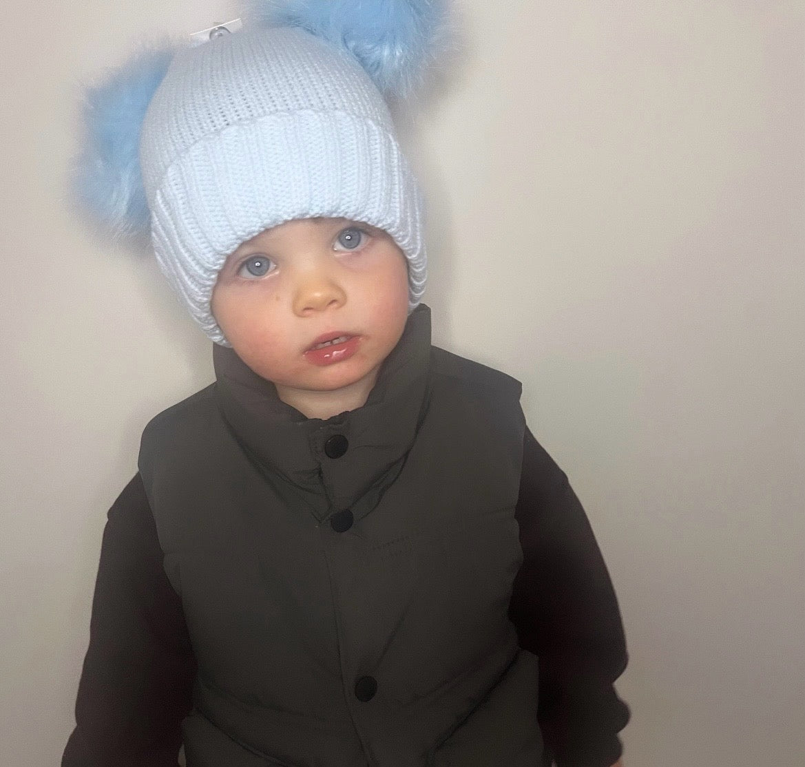 Blue Knit Double Bobble Hat. 2-4y.