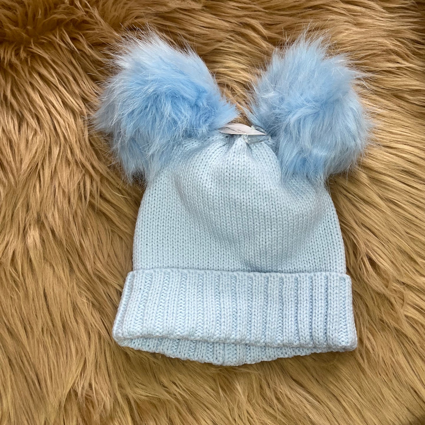 Blue Knit Double Bobble Hat. 2-4y.